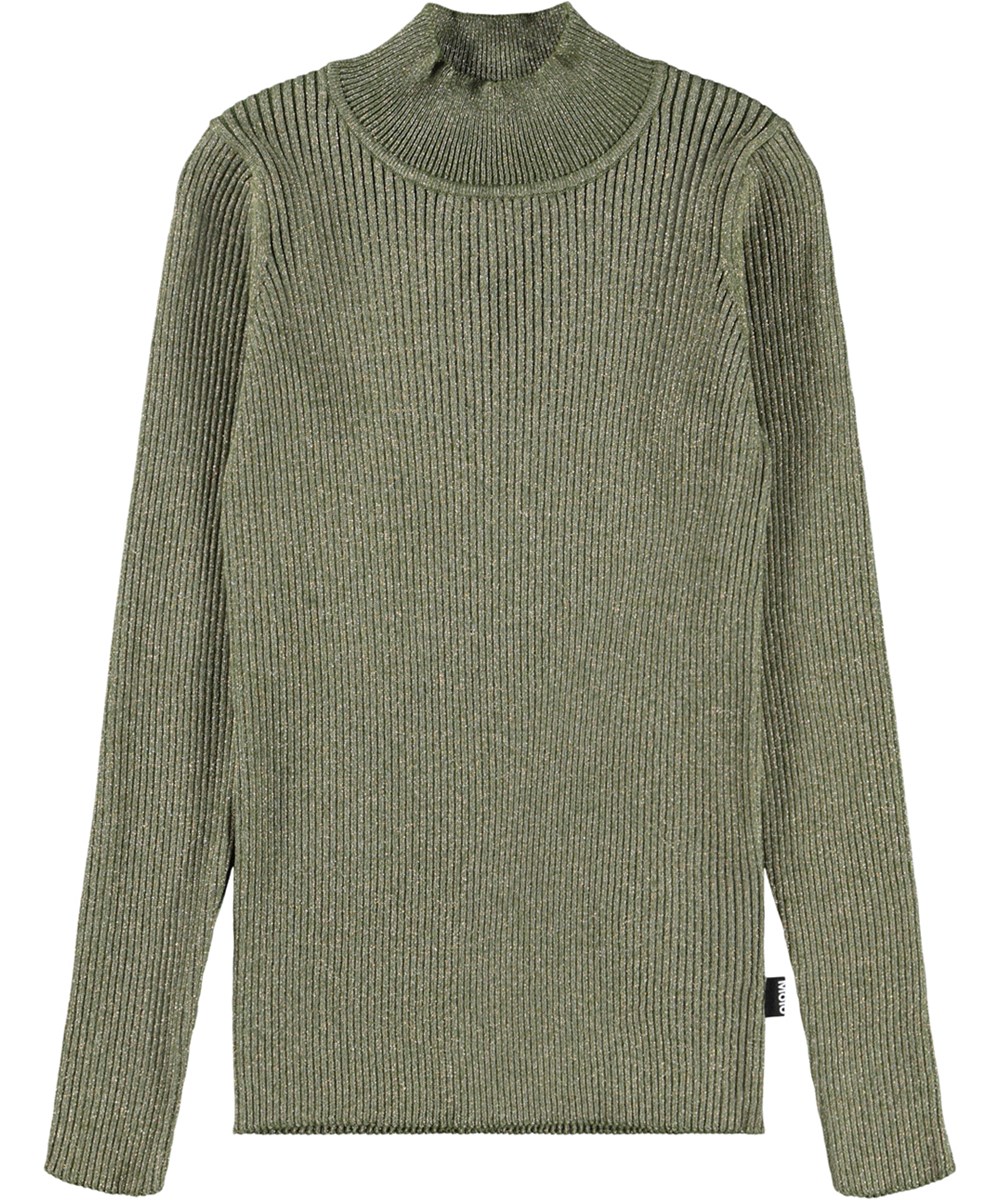 Ginevra - Golden Evergreen - Grüner Rippstrickpullover für Kinder aus Baumwolle mit Metallfaden.