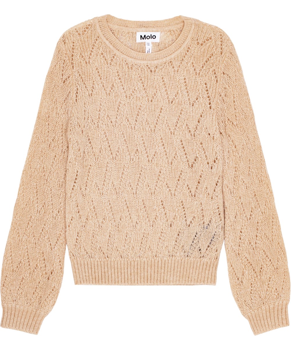 Ginger - Apricot - Leichter pfirsichfarbener Strickpullover mit zartem Spitzenmuster und voluminösen Ärmeln.