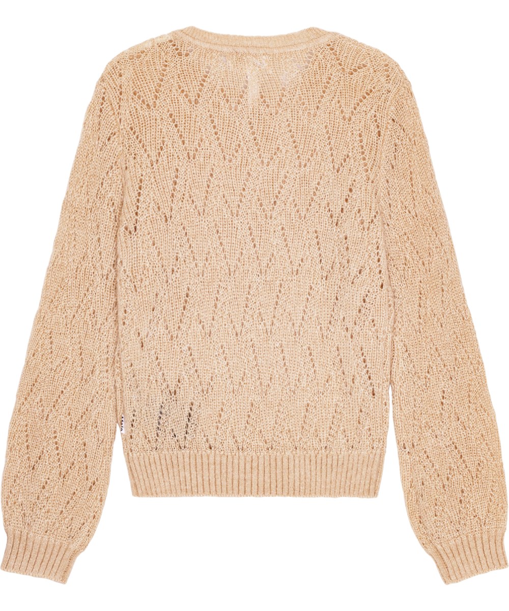 Ginger - Apricot - Leichter pfirsichfarbener Strickpullover mit zartem Spitzenmuster und voluminösen Ärmeln.