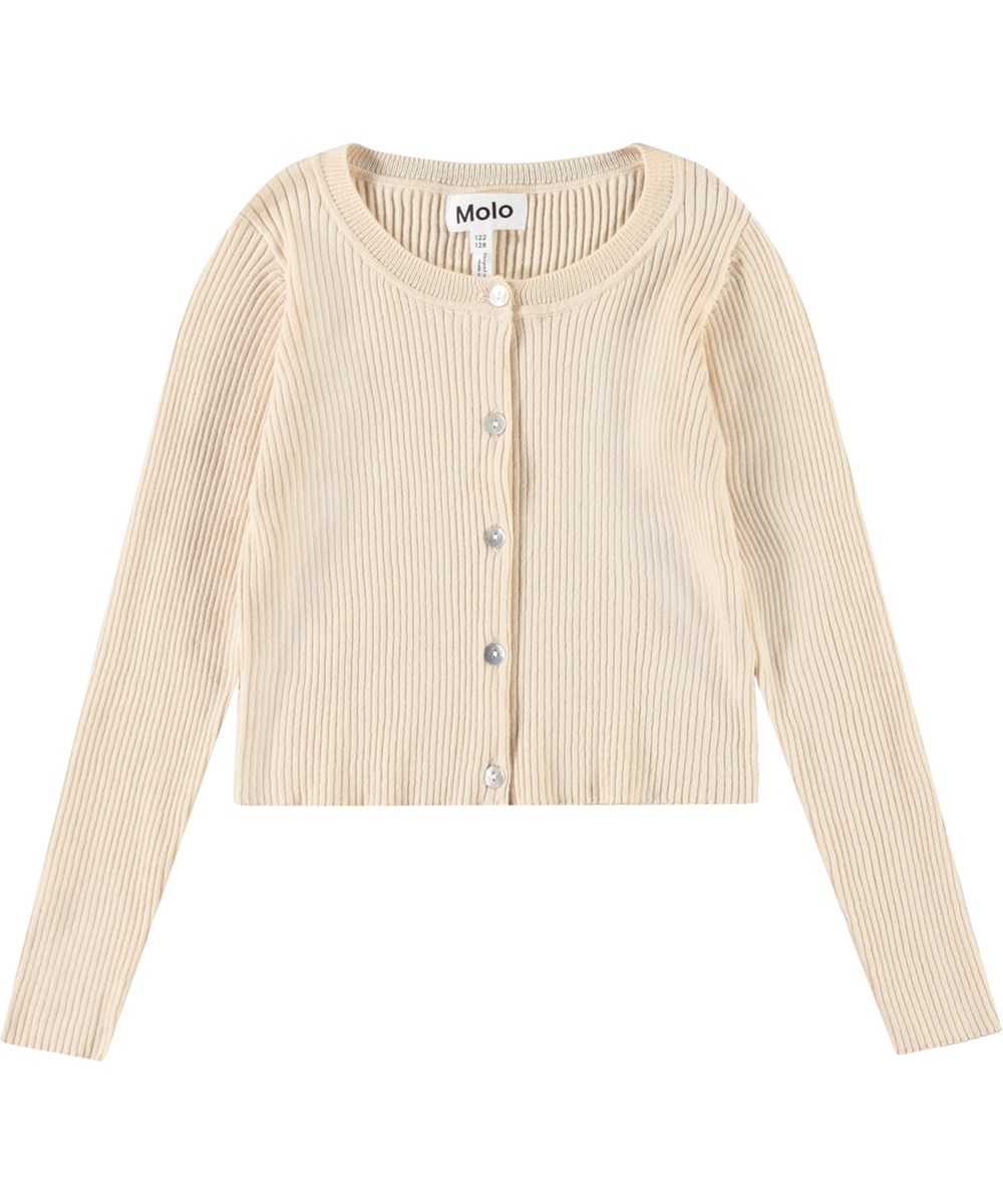 Giselle - Brazilian Sand - Cremefarbener Cardigan für Kinder aus weicher Öko-Baumwollrippung mit Perlmuttknöpfen.