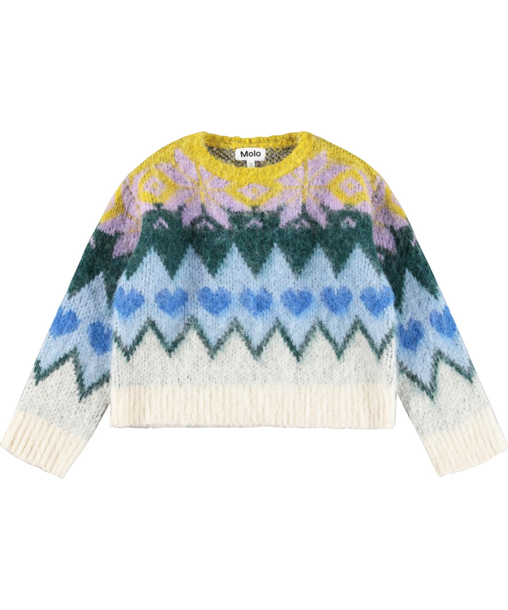 Glenda - Grande Nordic - Bunt gestrickter Pullover für Kinder aus einer Alpakawollmischung.