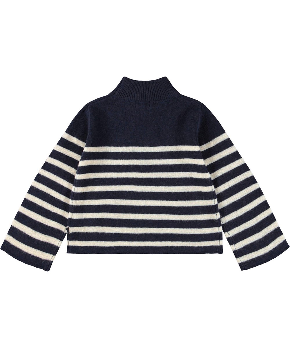 Govina - Blue Cream - Hochgeschlossener Pullover für Kinder aus Wolle mit blauen und weißen Streifen.