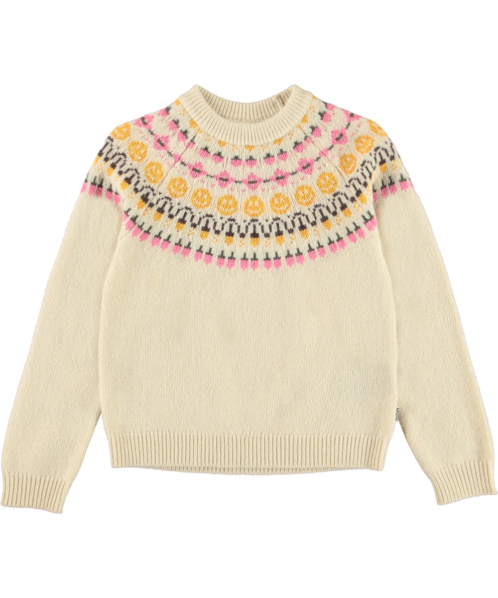 Gretchen - Nordic Forest - Heller Strickpullover mit gelbem und rosa Smiley-Muster