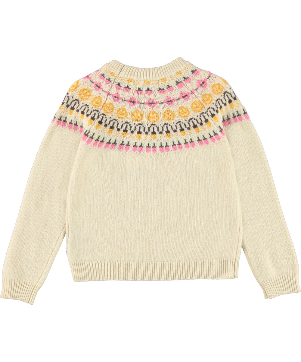 Gretchen - Nordic Forest - Heller Strickpullover mit gelbem und rosa Smiley-Muster