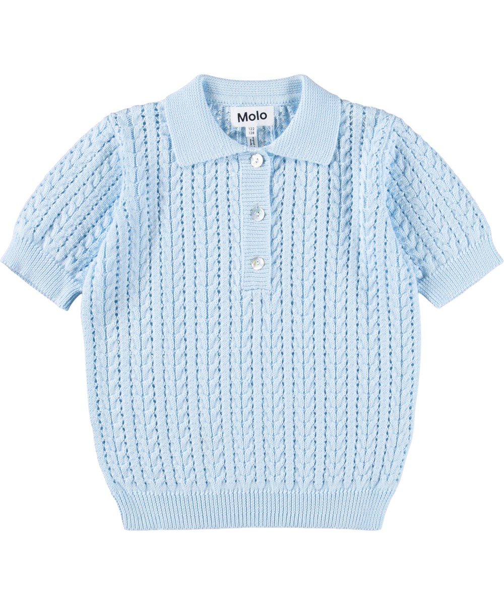 Gretel - Morning Sky - Hellblaues gehäkeltes T-Shirt aus Bio-Baumwolle