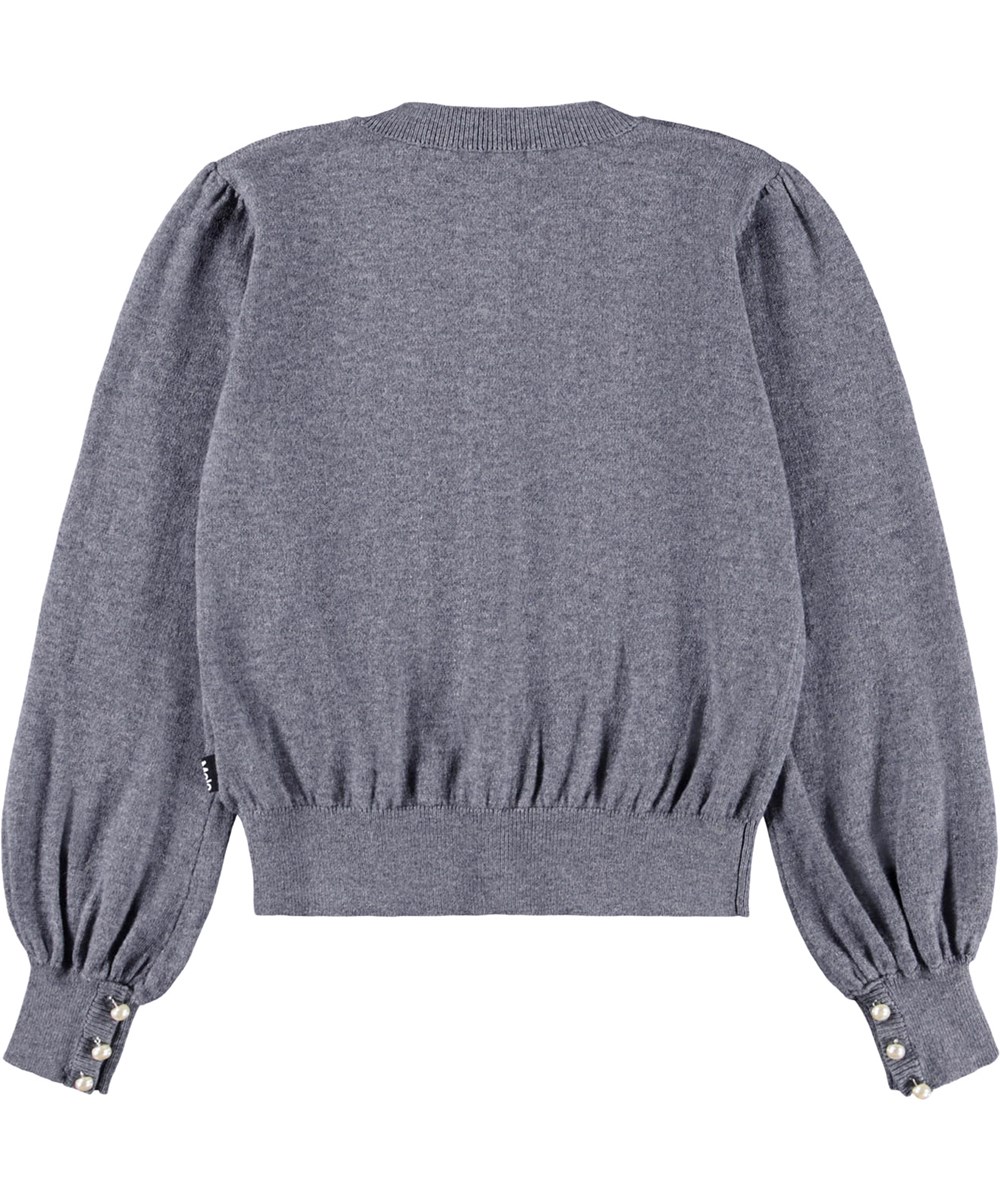 Guinevere - Grey Melange - Schöner grauer Cardigan für Kinder aus einer Mischung von Wolle und Baumwolle mit schönen Perlmuttknöpfen.
