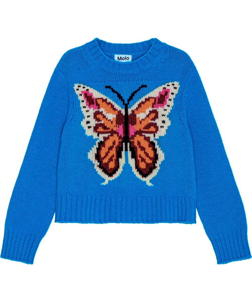 Gulda - Butterfly Knit - Blauer Wollmischpullover mit gerippten Kanten und gestricktem Schmetterling.