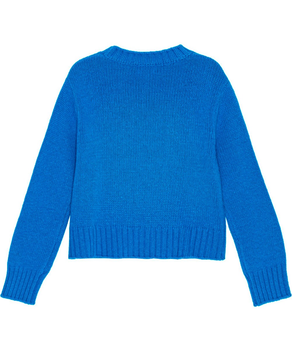 Gulda - Butterfly Knit - Blauer Wollmischpullover mit gerippten Kanten und gestricktem Schmetterling.