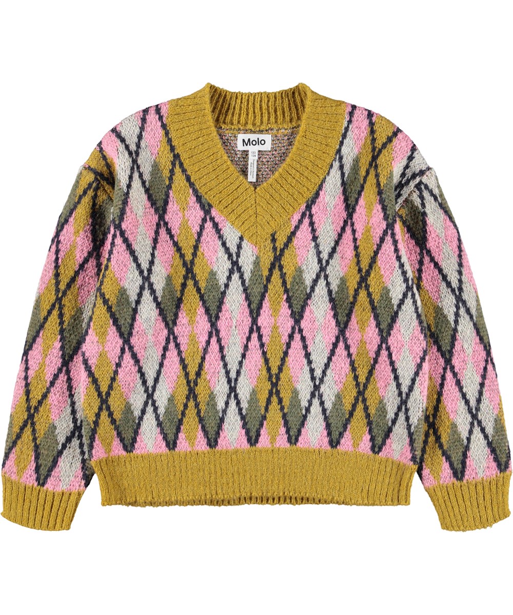 Gwenda - Big Argyle - Rosa Pullover für Kinder aus einer Alpakawollmischung.