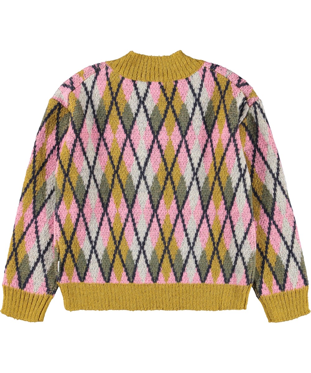Gwenda - Big Argyle - Rosa Pullover für Kinder aus einer Alpakawollmischung.