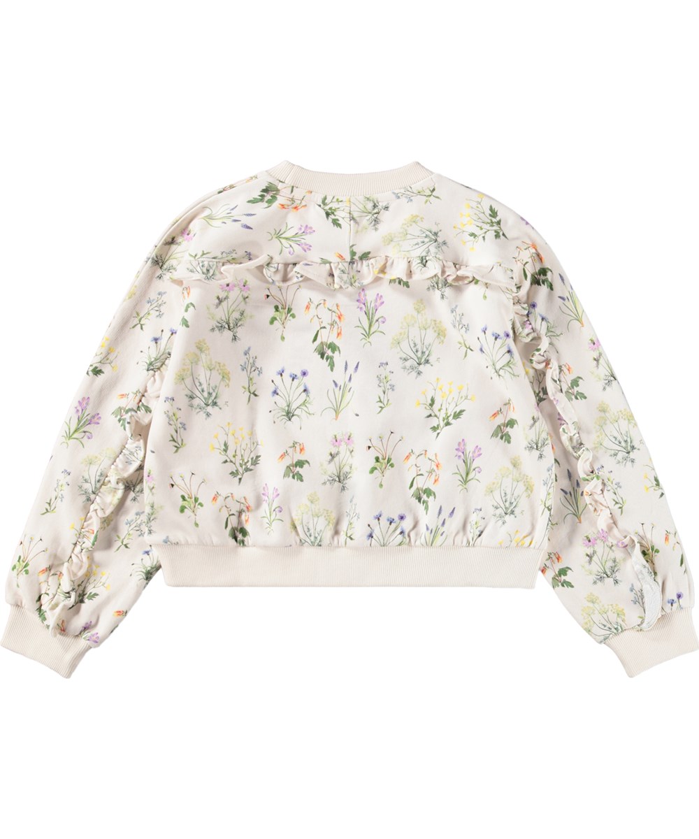 Mabel - Primavera - Beiger Kinderpullover aus Bio-Baumwolle mit Blumenmuster