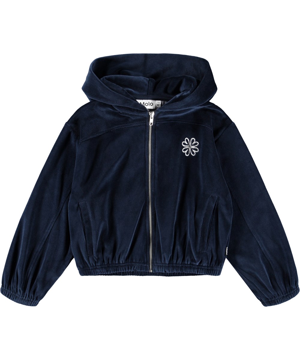 Madeleine - Galaxy Blue - Dunkelblaues Velours-Hoodie mit Reißverschluss.
