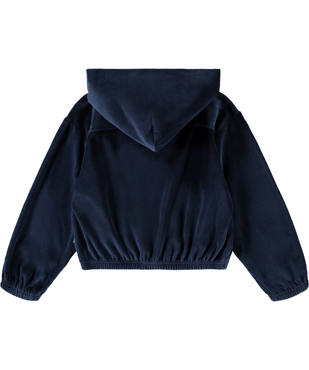Madeleine - Galaxy Blue - Dunkelblaues Velours-Hoodie mit Reißverschluss.