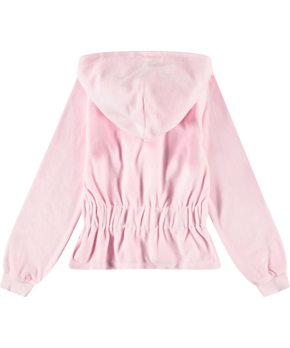 Madge - Charlotte Pink - Pinkes Velours-Strickjacke für Kinder mit Kapuze, gerippten Bündchen an den Ärmeln und einem breiten elastischen Bund.