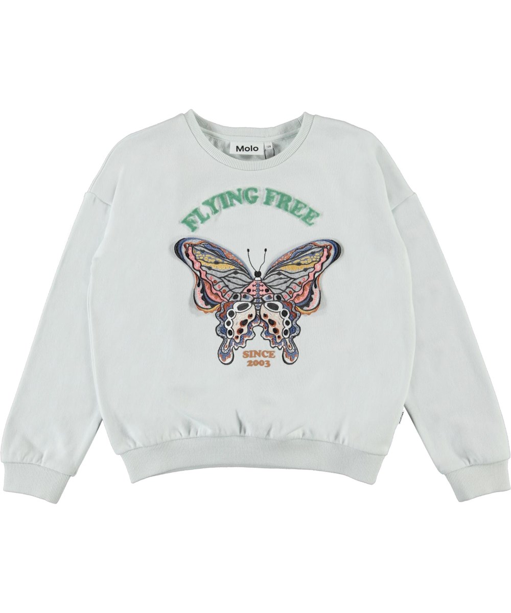 Maja - Flying Free - Hellblaues Sweatshirt mit besticktem Schmetterling