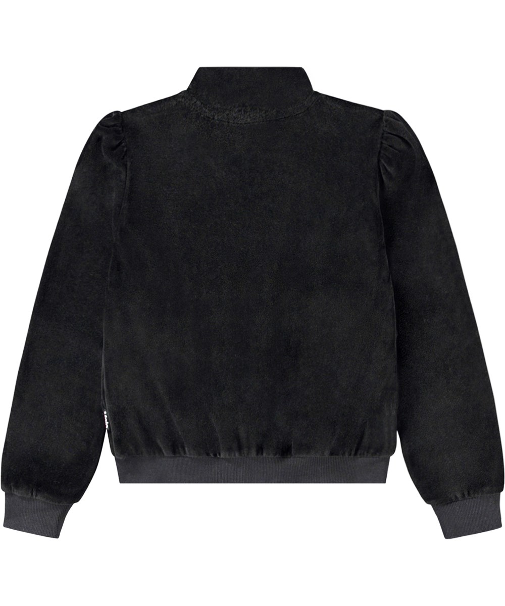 Malika - Black - Schwarzer Velours-Cardigan mit Reißverschluss, seitlichen Taschen und geripptem Saum.