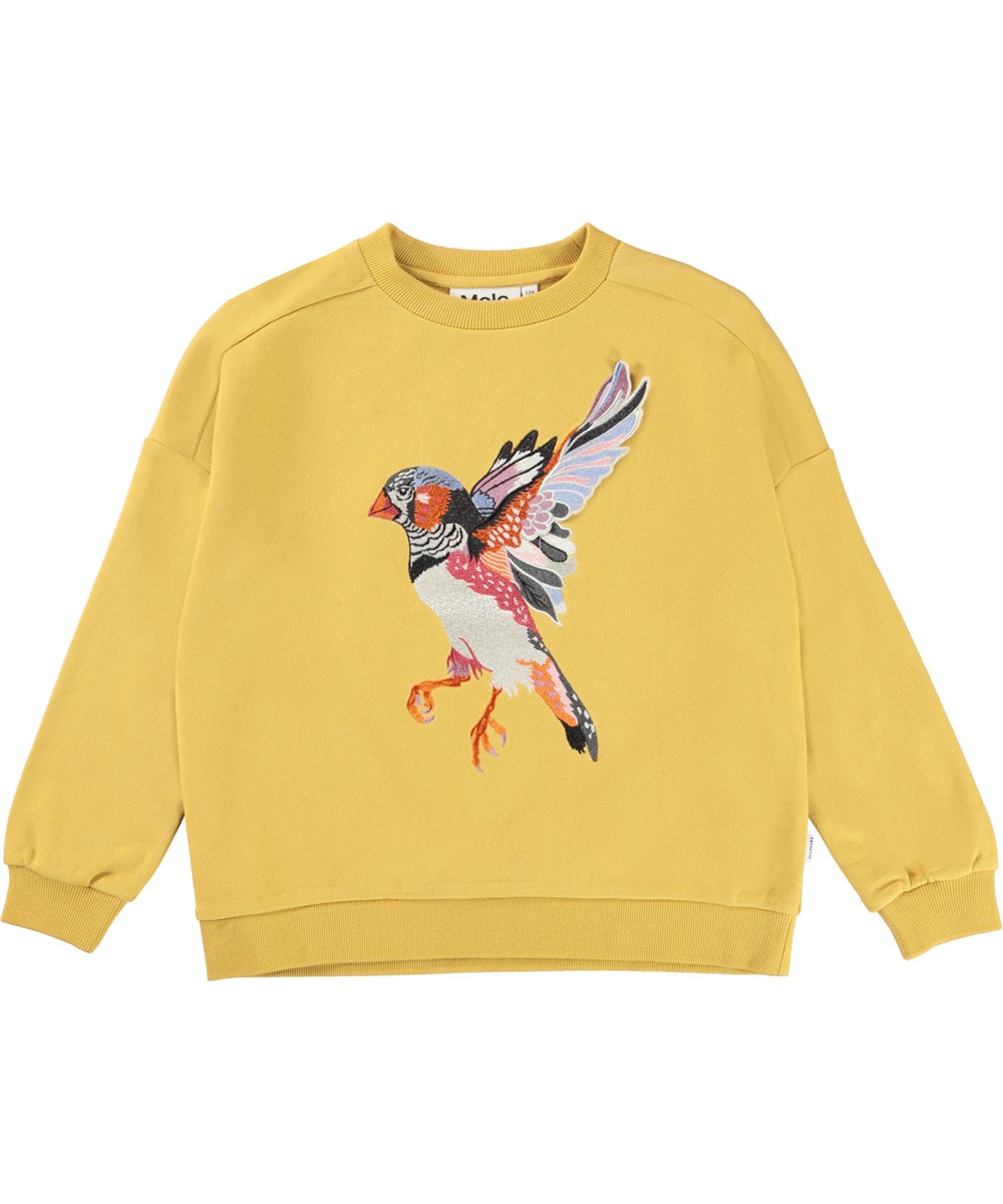 Mandy - Straw Field - Gelbes Öko-Sweatshirt mit aufgesticktem Vogel
