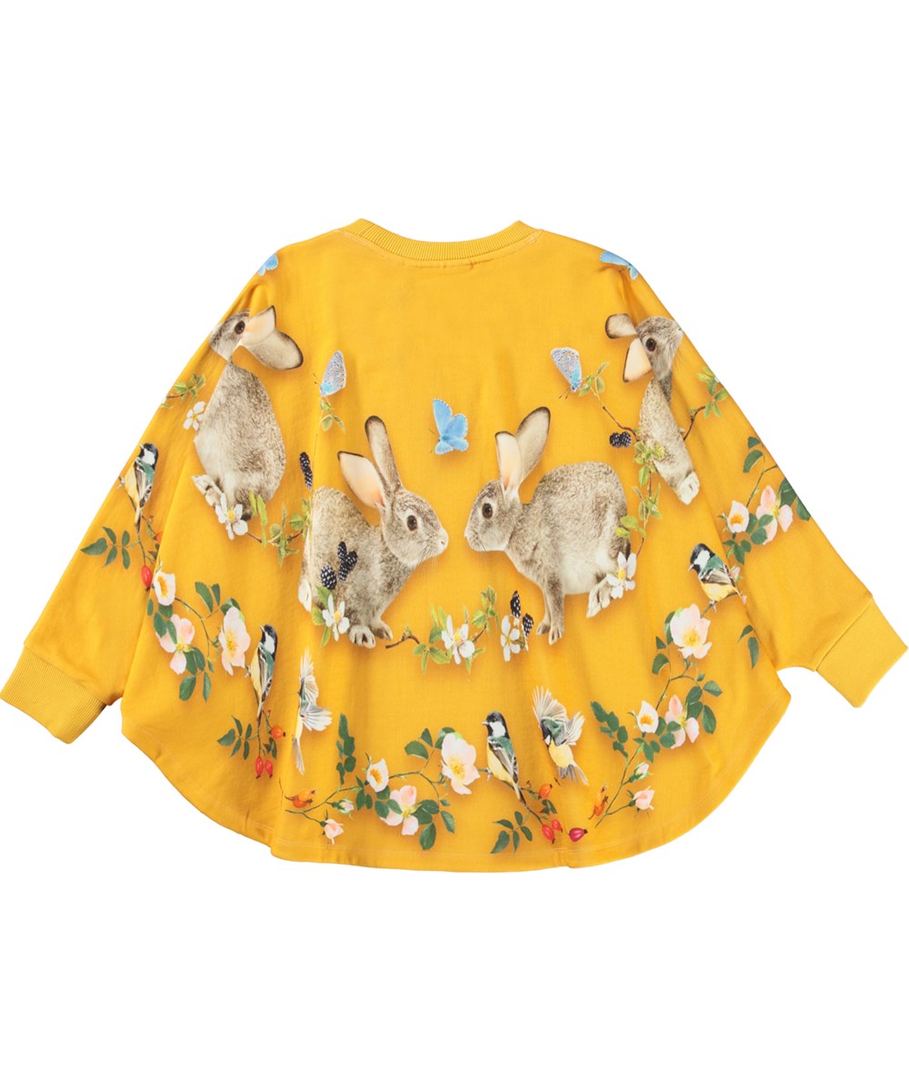 Marcella - In The Woods - Gelber Öko-Poncho mit Hasen- und Vogelaufdruck