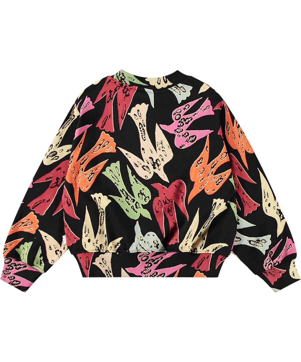 Marge - Studio Birds - Übergroßes schwarzes Sweatshirt aus Öko-Baumwolle mit mehrfarbigem Schwalbenmuster.