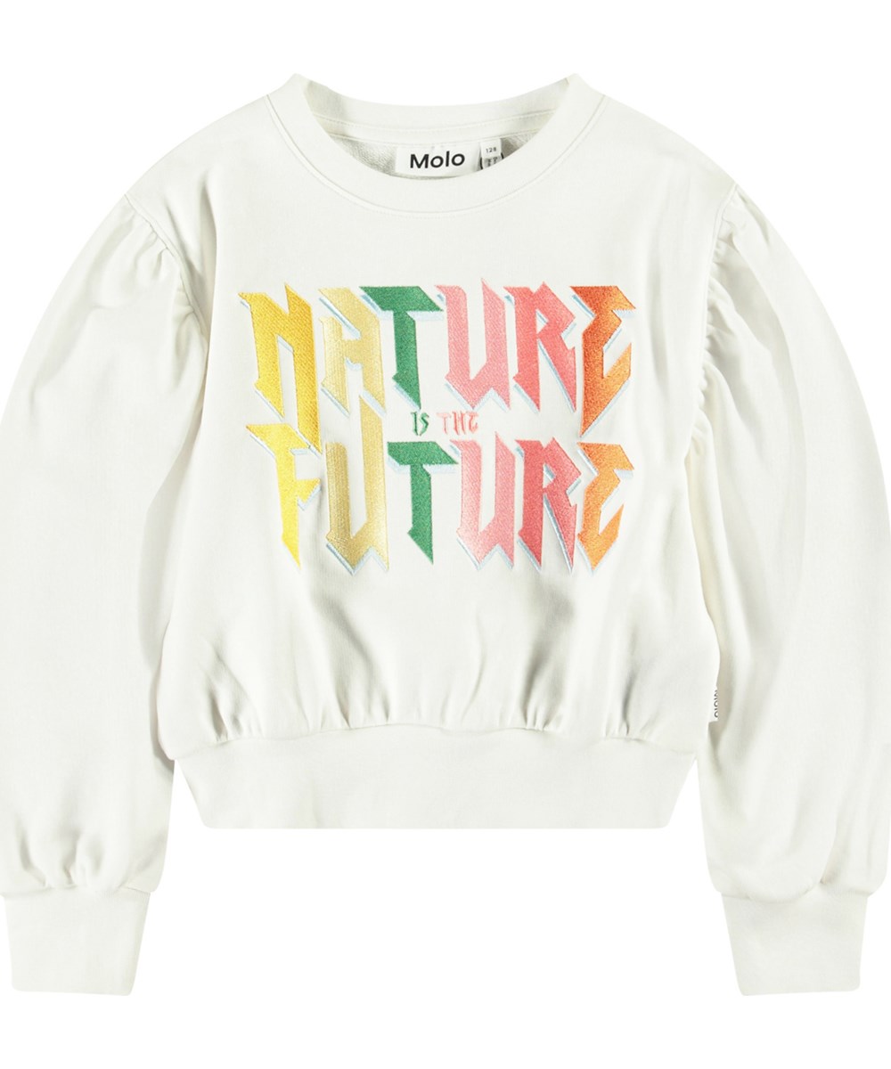 Mariah - Nature Future - Weißer Pullover mit Stickerei für Kinder aus weicher Baumwolle mit gerippten Kanten am Hals, an den Ärmeln und am unteren Saum des Pullovers.