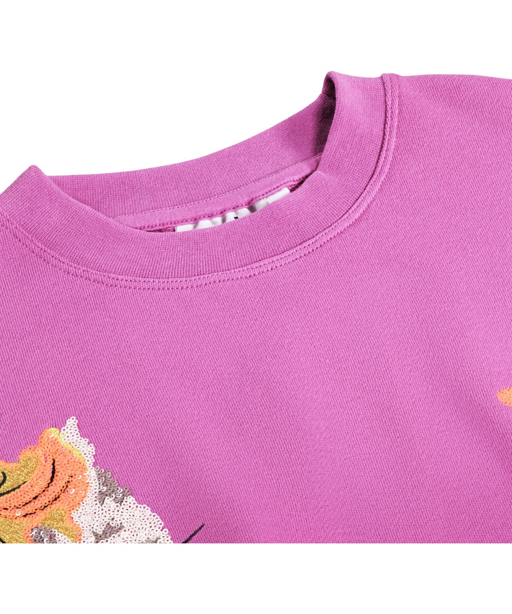 Marika - Animal Sparkle - Lila Sweatshirt für Kinder mit Paillettenstickerei und aus Bio-Baumwolle.
