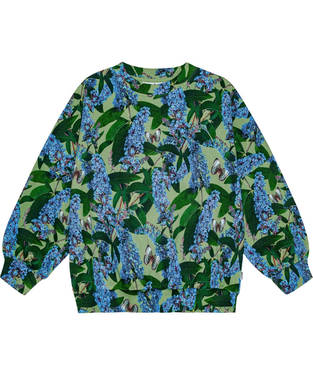 Marika - Buddleja Garden - Grünes Öko-Baumwoll-Sweatshirt mit Schmetterlingsdruck.