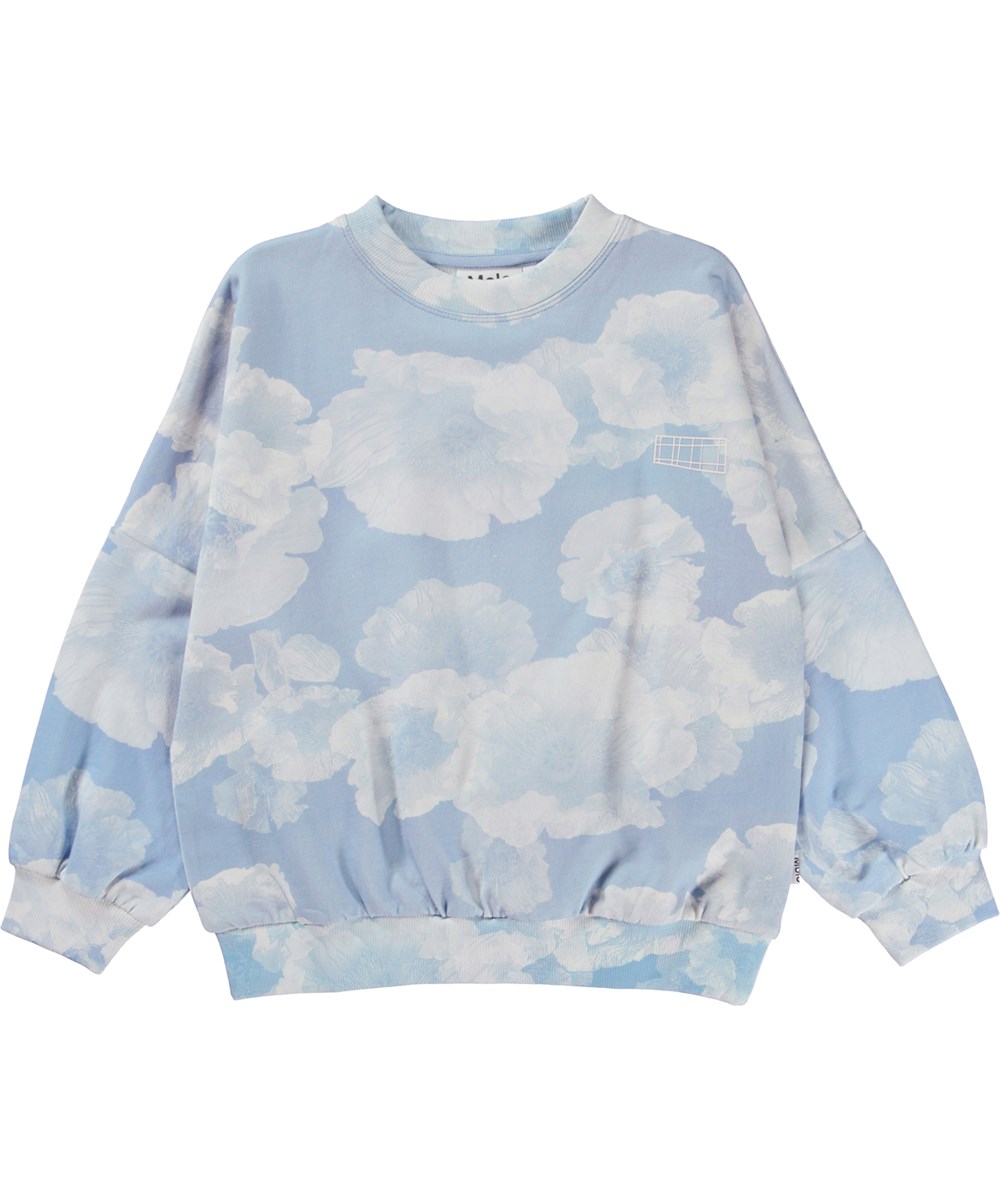 Marika - Cloudy Poppies - Blaues Öko-Sweatshirt mit Mohn- und Wolkenprint