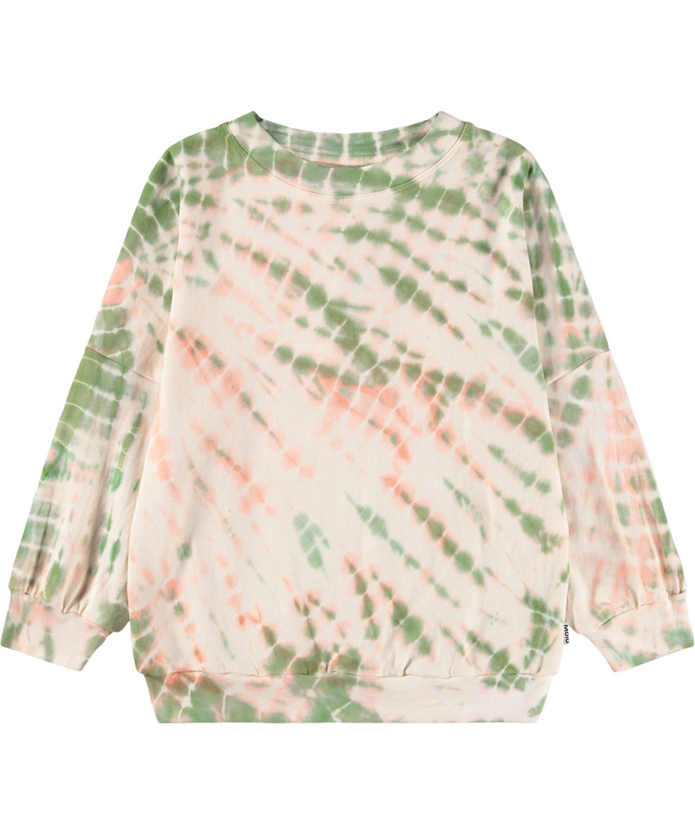 Marika - Garden Tie Dye - Grün-rosa Batik-Sweatshirt für Kinder aus Bio-Baumwolle
