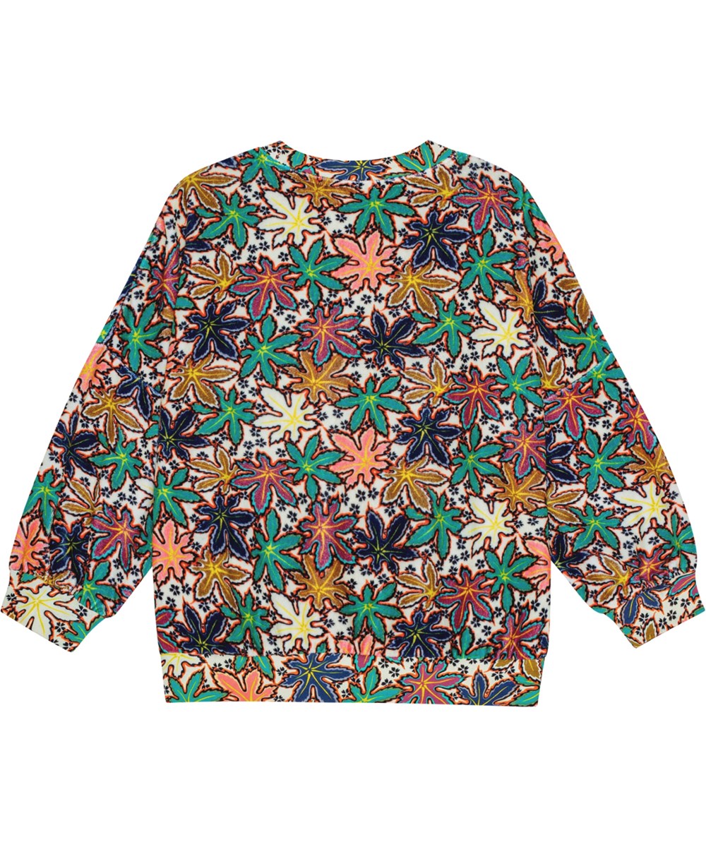 Marika - Leafy Light - Off-weißes Velours-Sweatshirt mit einem Druck von Ahornblättern.