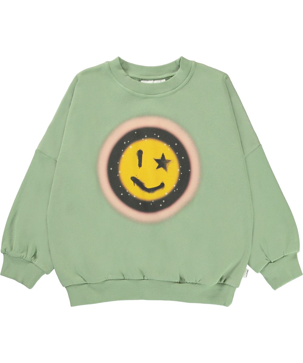 Marika - Space Happy - Hellgrünes Öko-Sweatshirt mit Smiley-Print