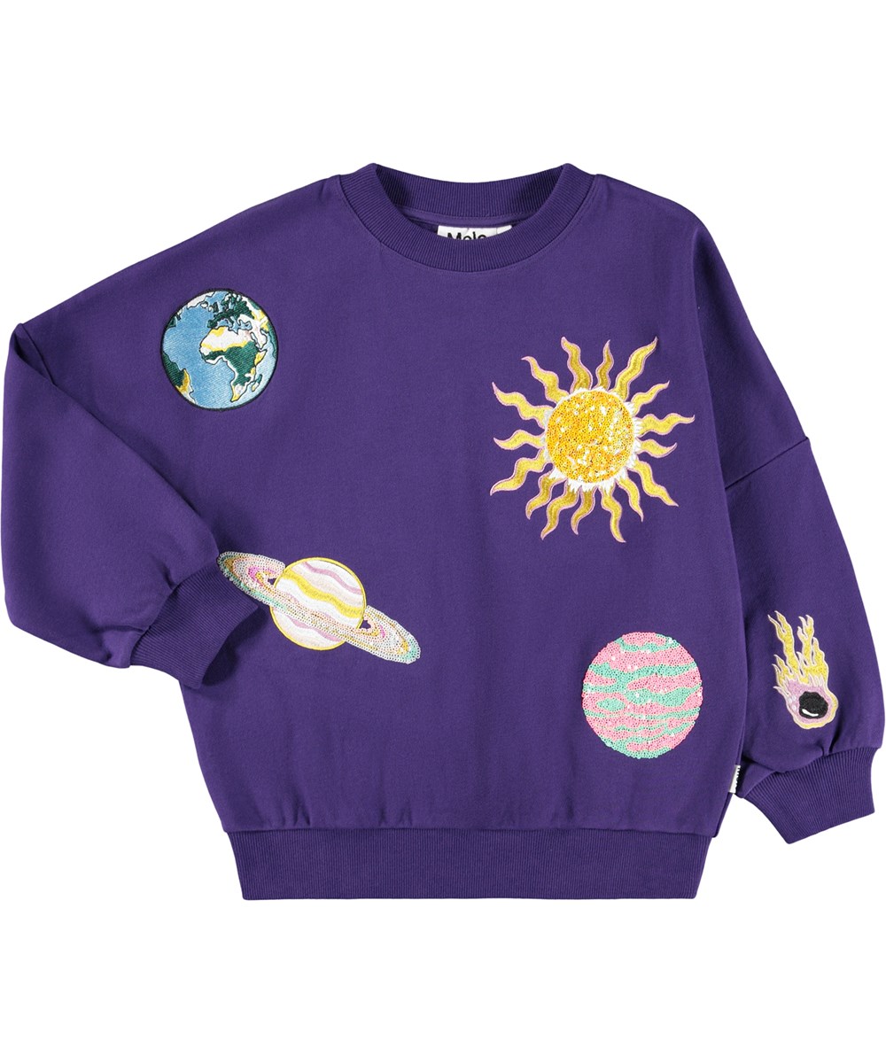 Marika - Sparkle Space - Lila Sweatshirt für Kinder aus Öko-Baumwolle mit einer Stickerei von Weltraum.