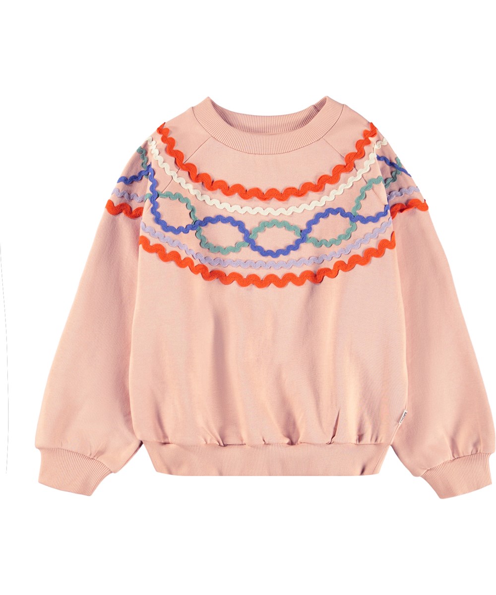 Marilyn - Rose Cloud - Rosa Sweatshirt für Kinder aus Öko-Baumwolle mit einem bunten Muster aus aufgenähten Bändern.
