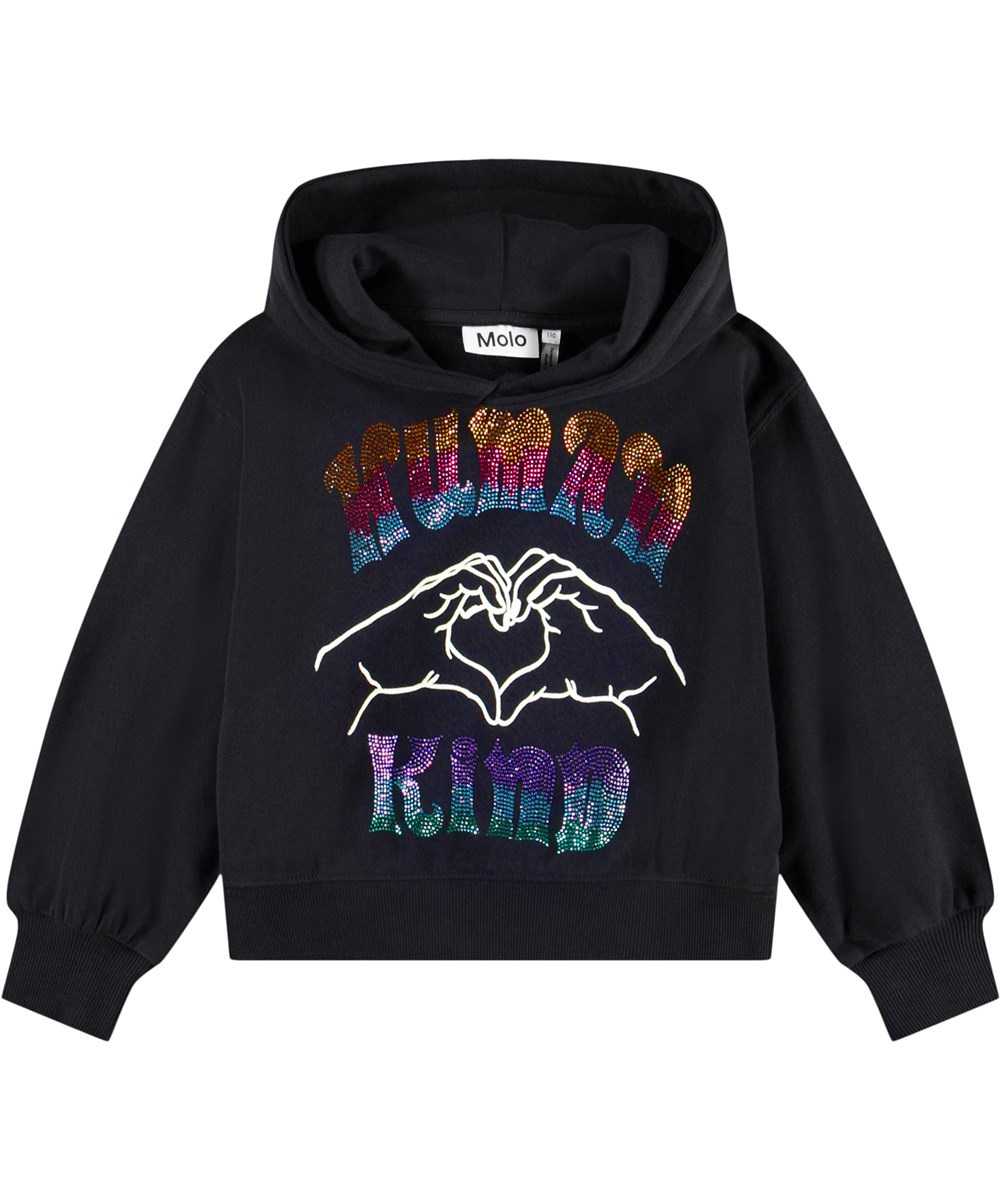 Marlin - Black - Schwarzer Kapuzenpullover für Kinder aus Öko-Baumwolle mit bunten Strasssteinen.