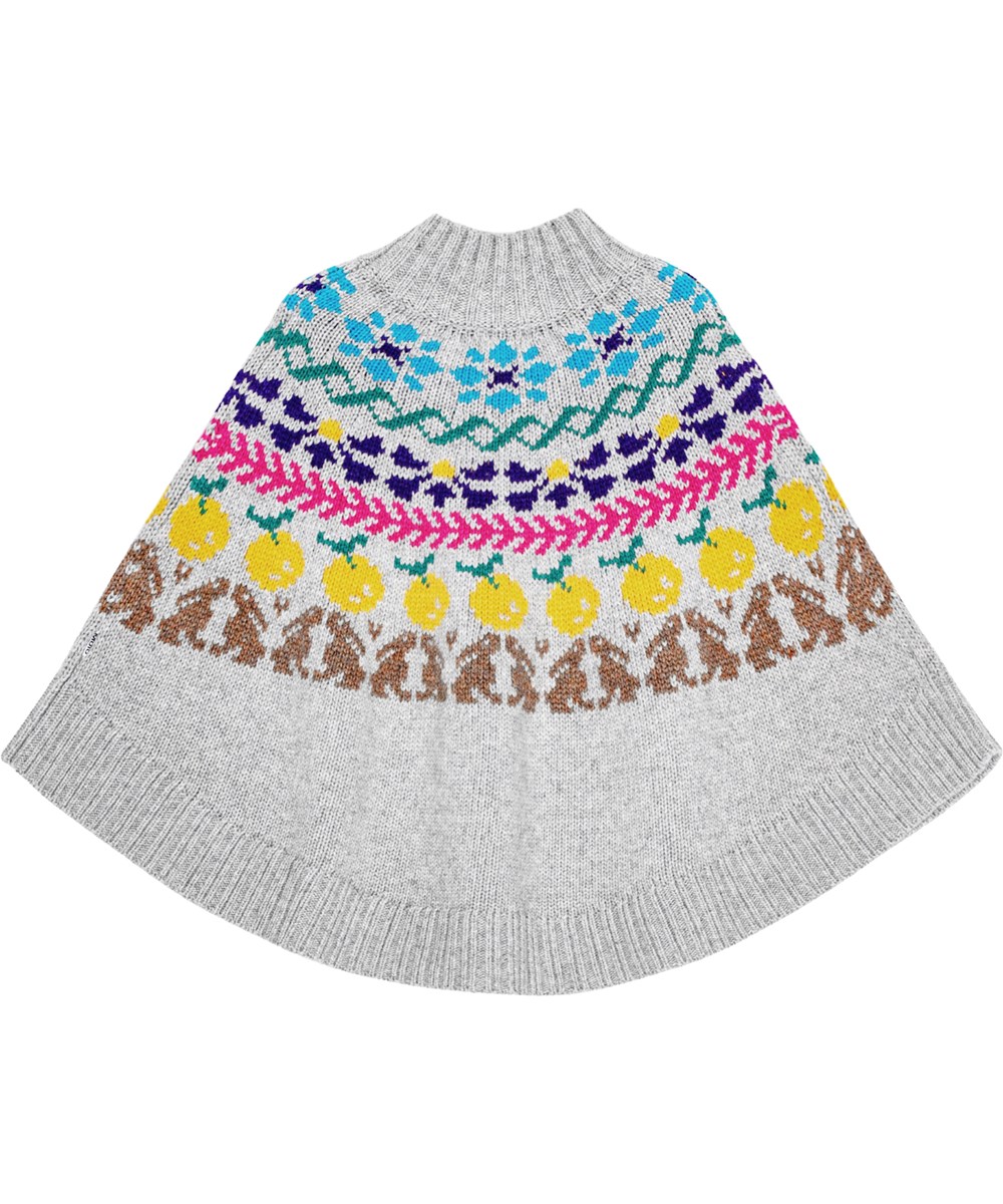 Maslina - Flower Knit - Grauer, nordisch inspirierter Poncho aus einer Wollmischung mit Kaninchen- und Fruchtdruck.