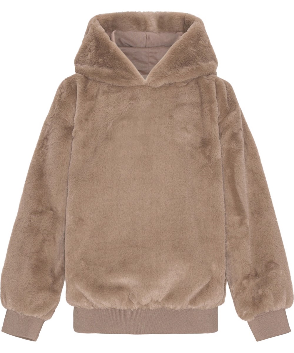 Maureen - Moth Grey - Beigefarbener Hoodie aus Kunstpelz