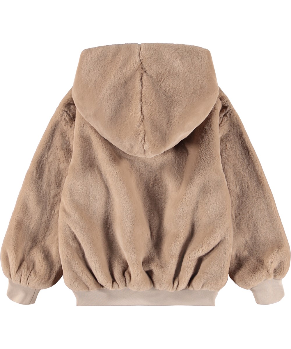 Maureen - Pomeranian - Flauschiger brauner Kapuzenpullover im Fake-Fell-Stil für Kinder.