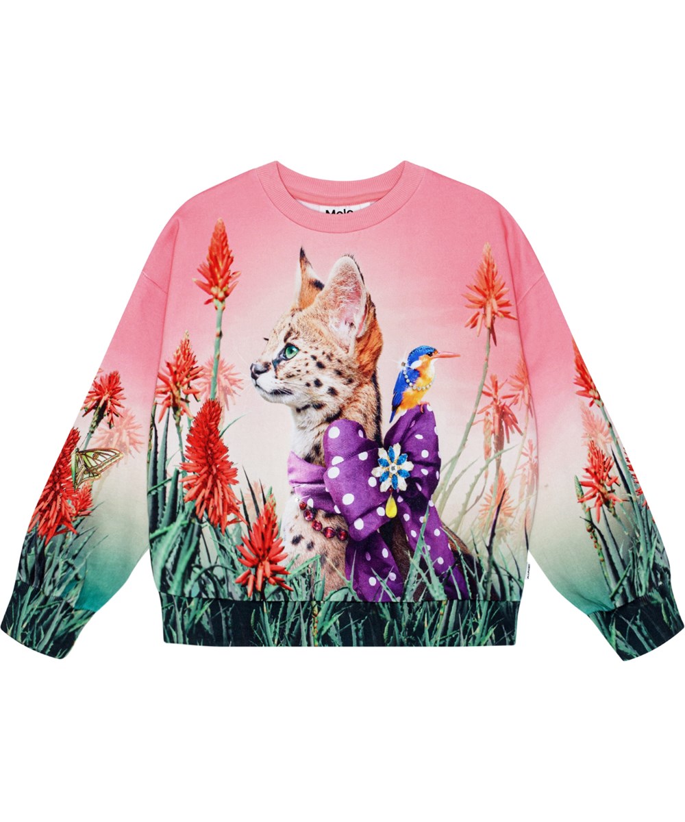 Maxi - Fancy Cat - Rosa Öko-Baumwoll-Sweatshirt mit festlichem Katzen- und Blumendruck.