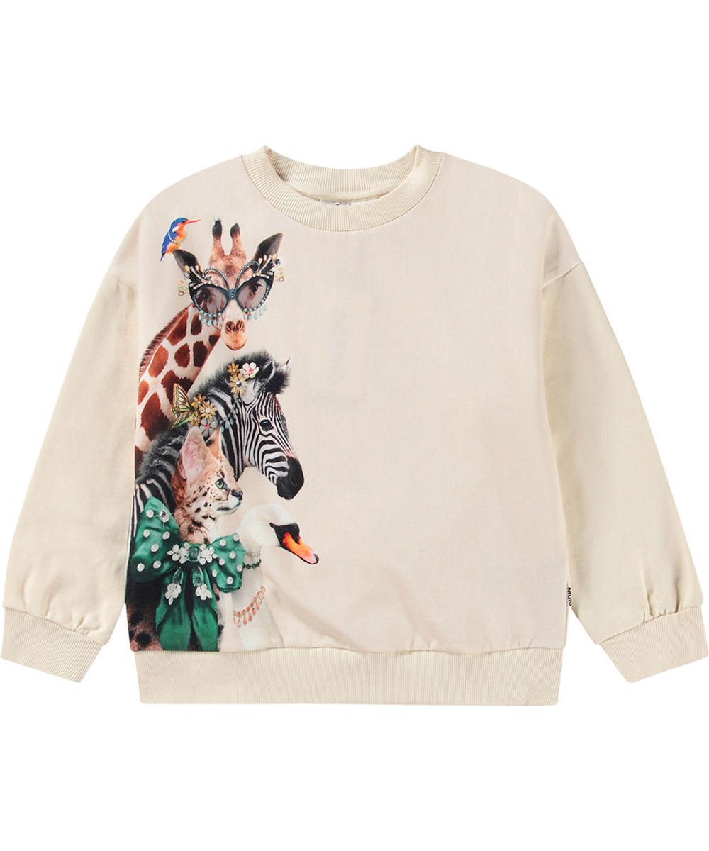 Maxi - Hello - Weiches und warmes cremefarbenes Öko-Baumwollsweatshirt mit Tiermuster.