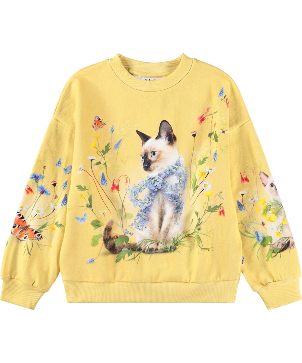 Maxi - Nature Bow - Gelbes Sweatshirt für Kinder aus Bio-Baumwolle mit Katzenmotiv