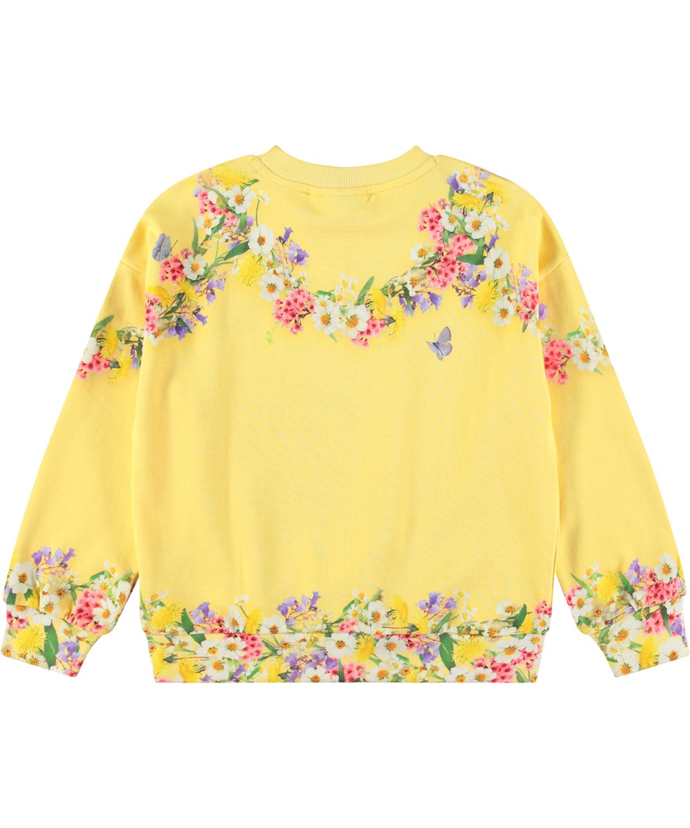 Maxi - Sweet Maggie - Gelber Pullover mit Druck für Kinder aus weicher Öko-Baumwolle mit gerippten Bündchen am Hals, an den Ärmeln und am unteren Saum des Pullovers.