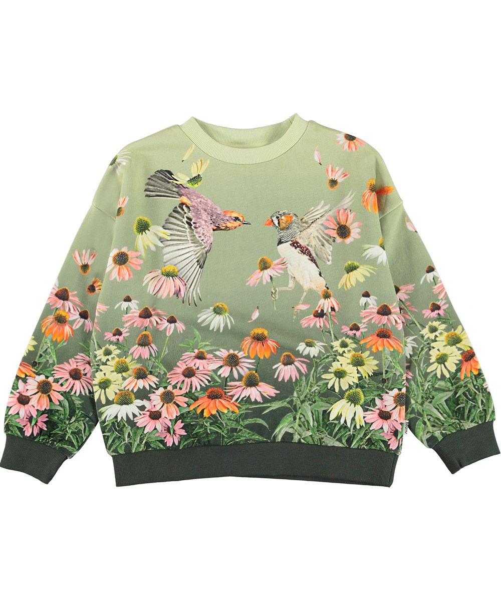 Mika - Floral Flutter - Grünes Öko-Sweatshirt mit Blumen und Vögeln