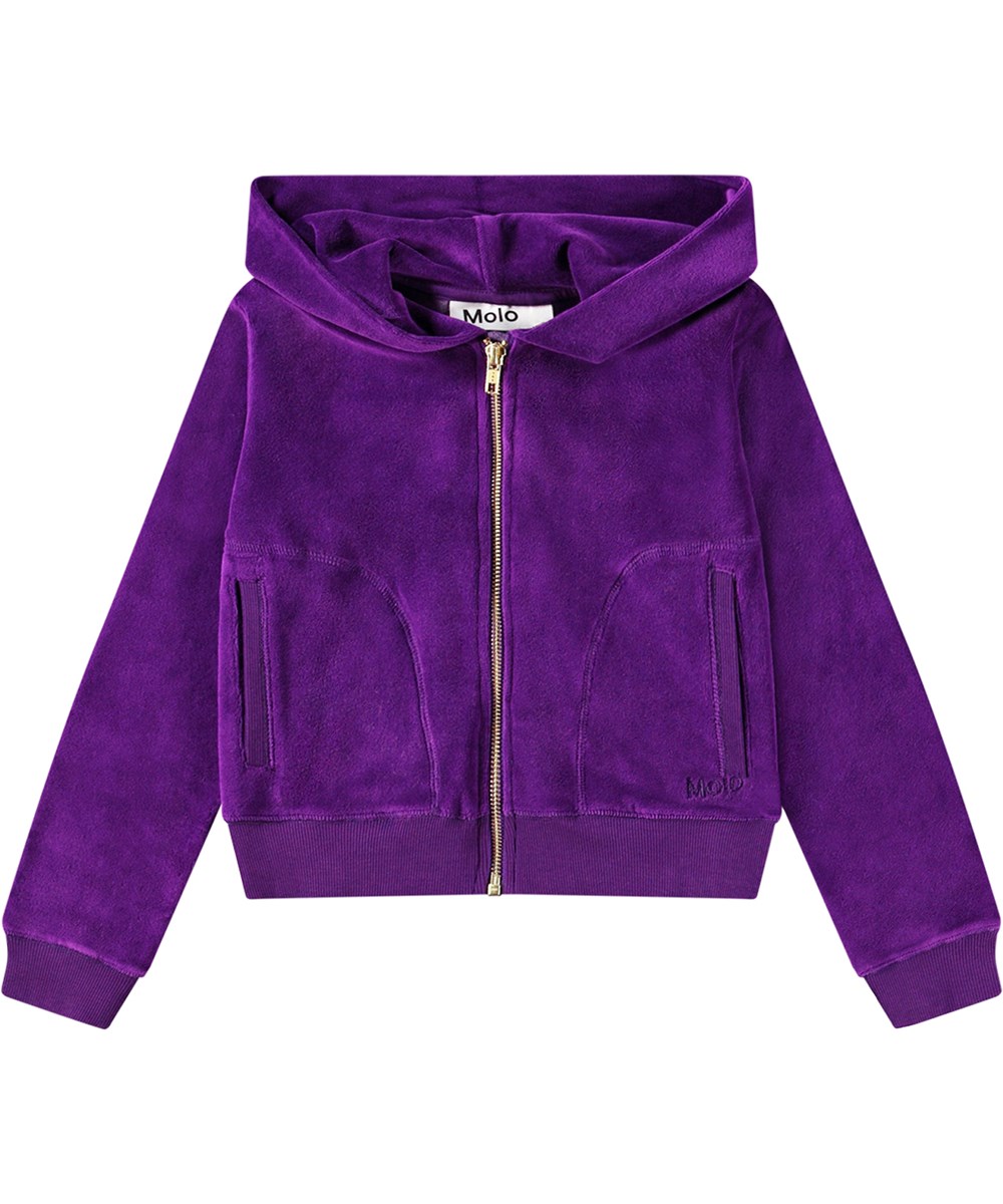 Milla - Warm Purple - Lila Velours-Cardigan mit Reißverschluss, Kapuze, gerippten Abschlüssen und Taschen.