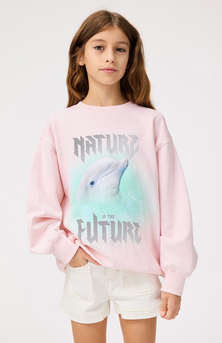 Monti - Glitter Dolphin - Rosa Sweatshirt mit Aufdruck für Kinder aus weicher Öko-Baumwolle mit gerippten Kanten am Hals, an den Ärmeln und am unteren Saum des Sweatshirts.