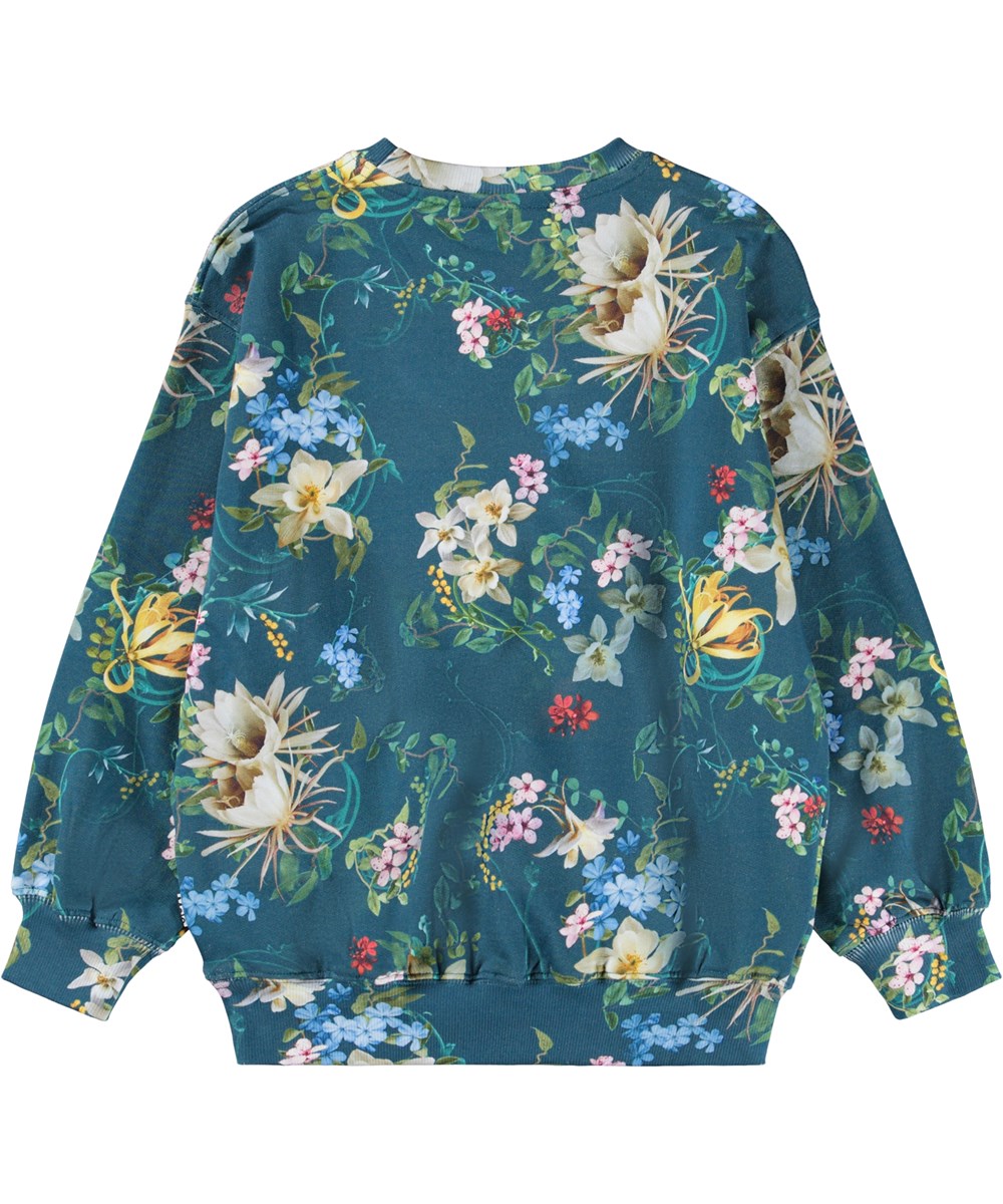 Monti - Green Paisley - Grüner Pullover für Kinder aus weicher Öko-Baumwolle mit Blumenmuster.