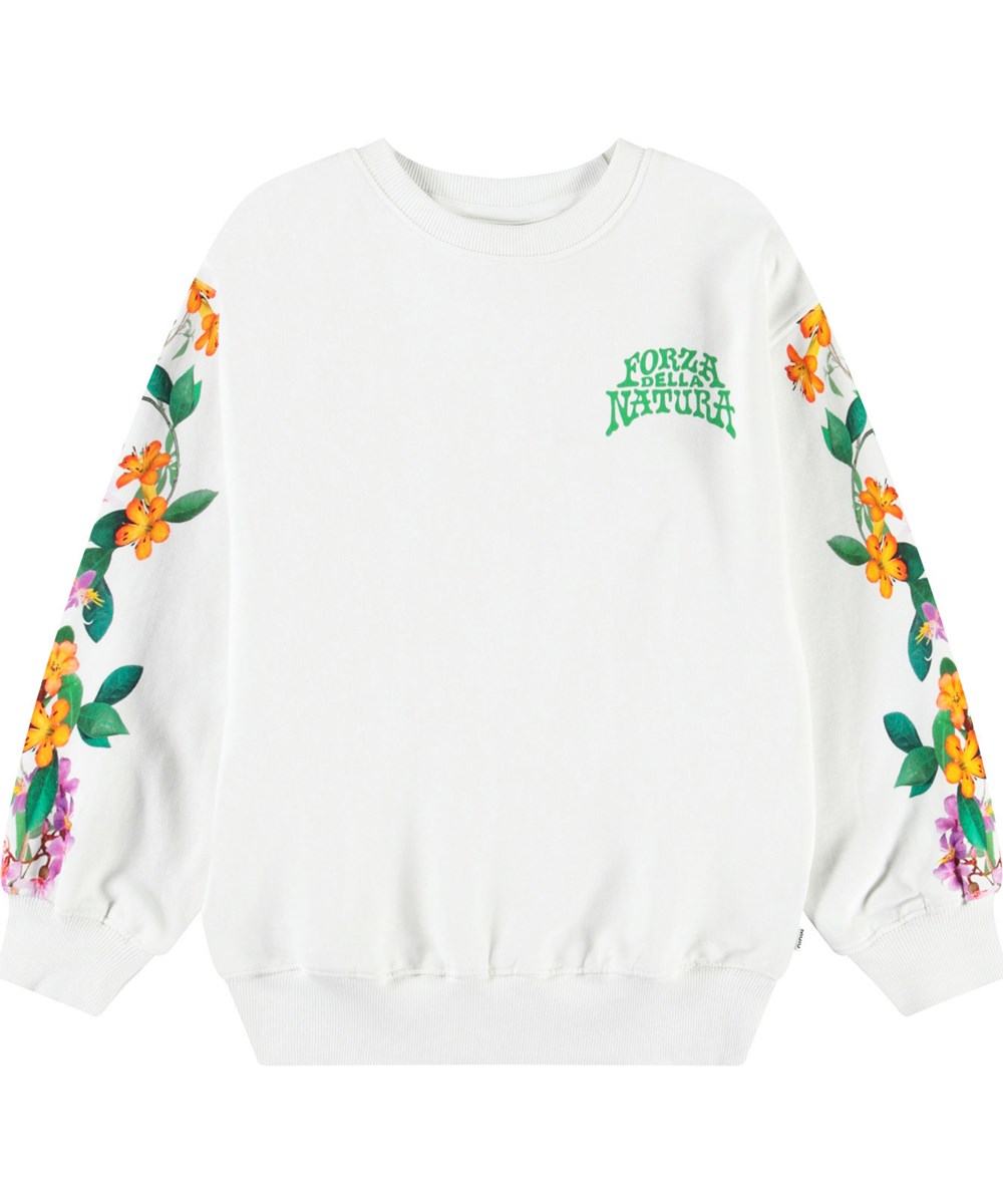 Monti - Jungle Flowers - Weißer Pullover mit Druck für Kinder aus weicher Öko-Baumwolle mit gerippten Kanten am Hals, an den Ärmeln und am unteren Saum des Pullovers.