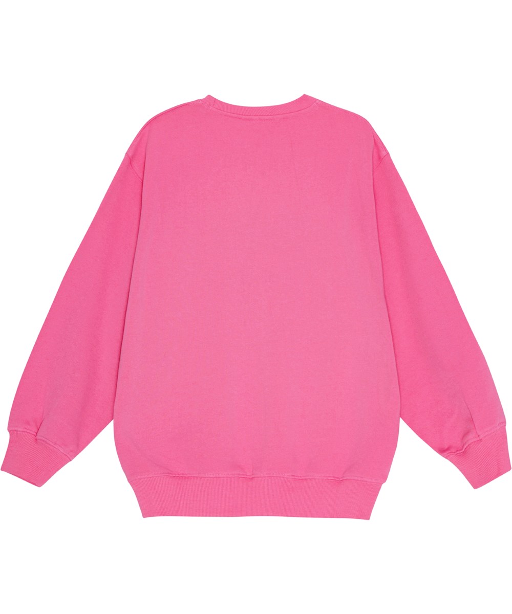 Monti - Shocking Pink - Weiches rosa Öko-Baumwoll-Sweatshirt mit gesticktem 'World Play' Kunstwerk.