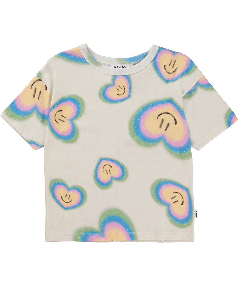 Rabecke - Aura Hearts Blue - Cremeweißes Öko-T-Shirt mit Allover-Aura-Herzdruck