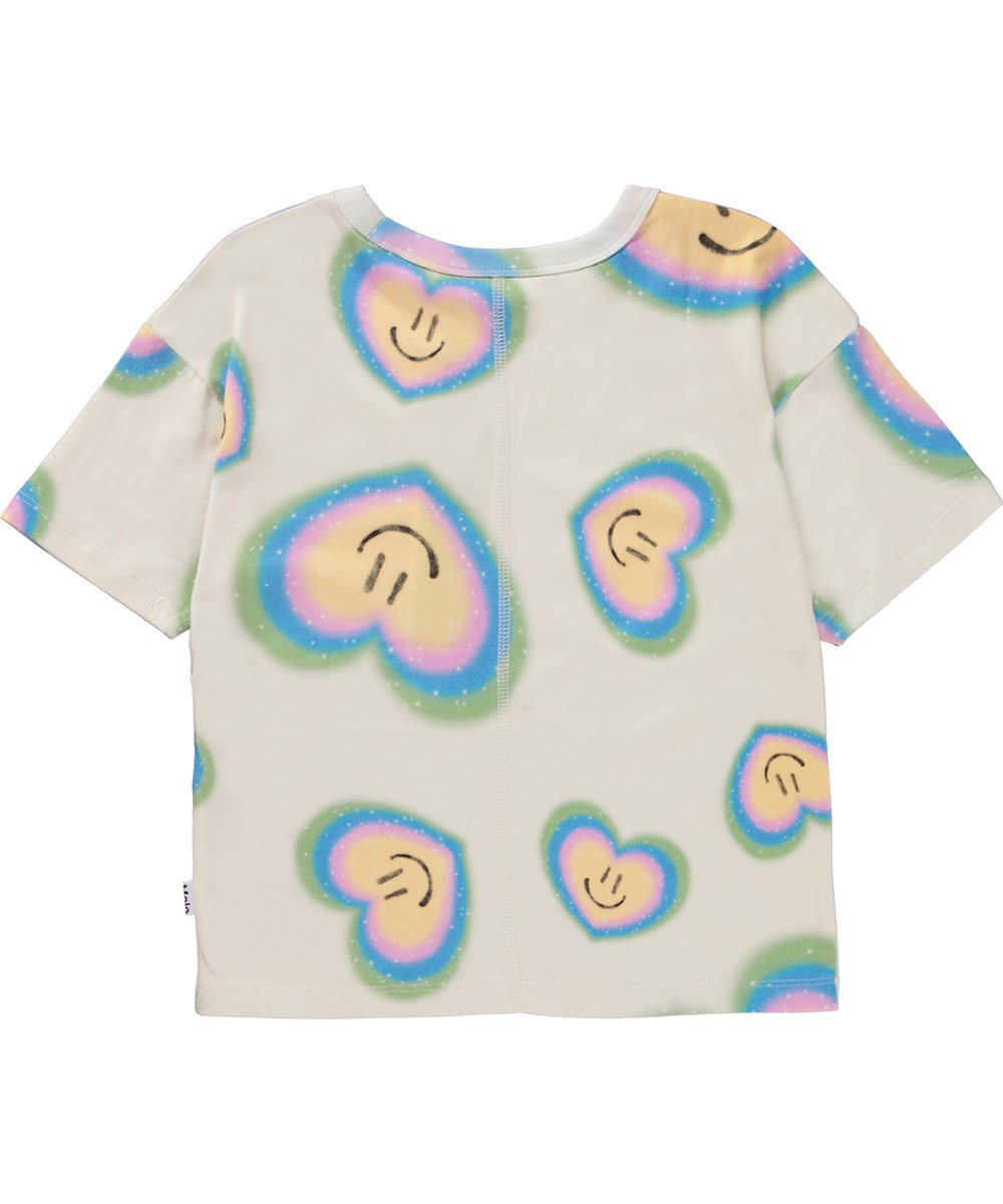 Rabecke - Aura Hearts Blue - Cremeweißes Öko-T-Shirt mit Allover-Aura-Herzdruck