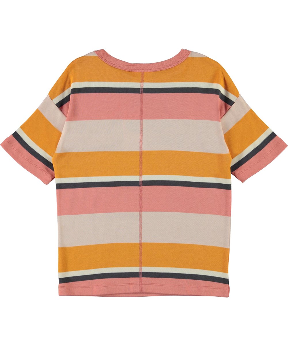 Rabecke - Vide Coral Stripe - Öko gestreiftes rosa und gelbes T-Shirt
