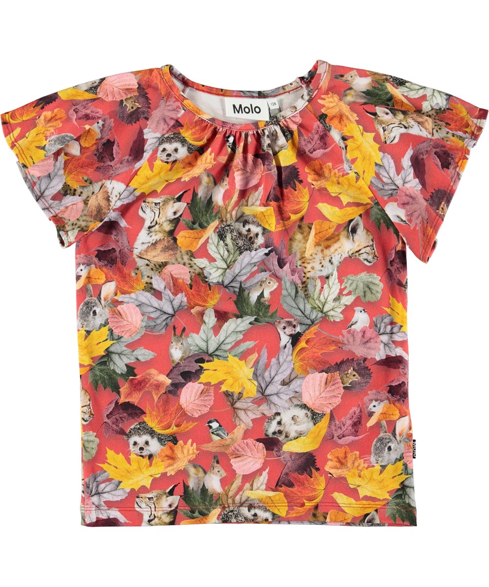 Rachel - Forest Play - Rote Öko-Bluse mit Blättern und Tieren